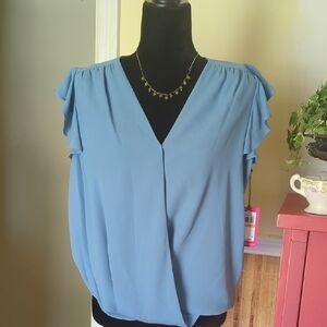 Vince Camuto Blue Ruffled Flutter Sleeve Blouse
